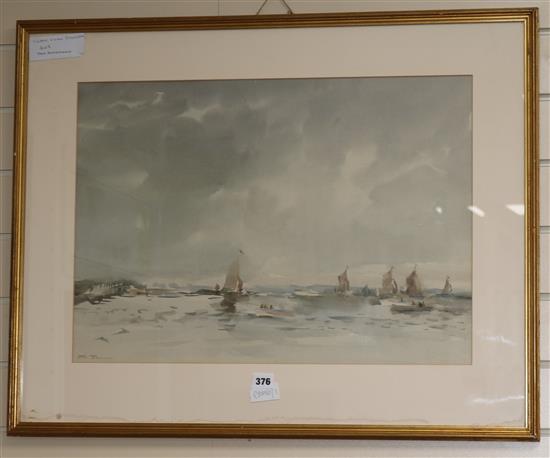 John Bannerman (Roland Vivan Pitchforth), watercolour, yachts off the coast, signed, 43 x 61cm